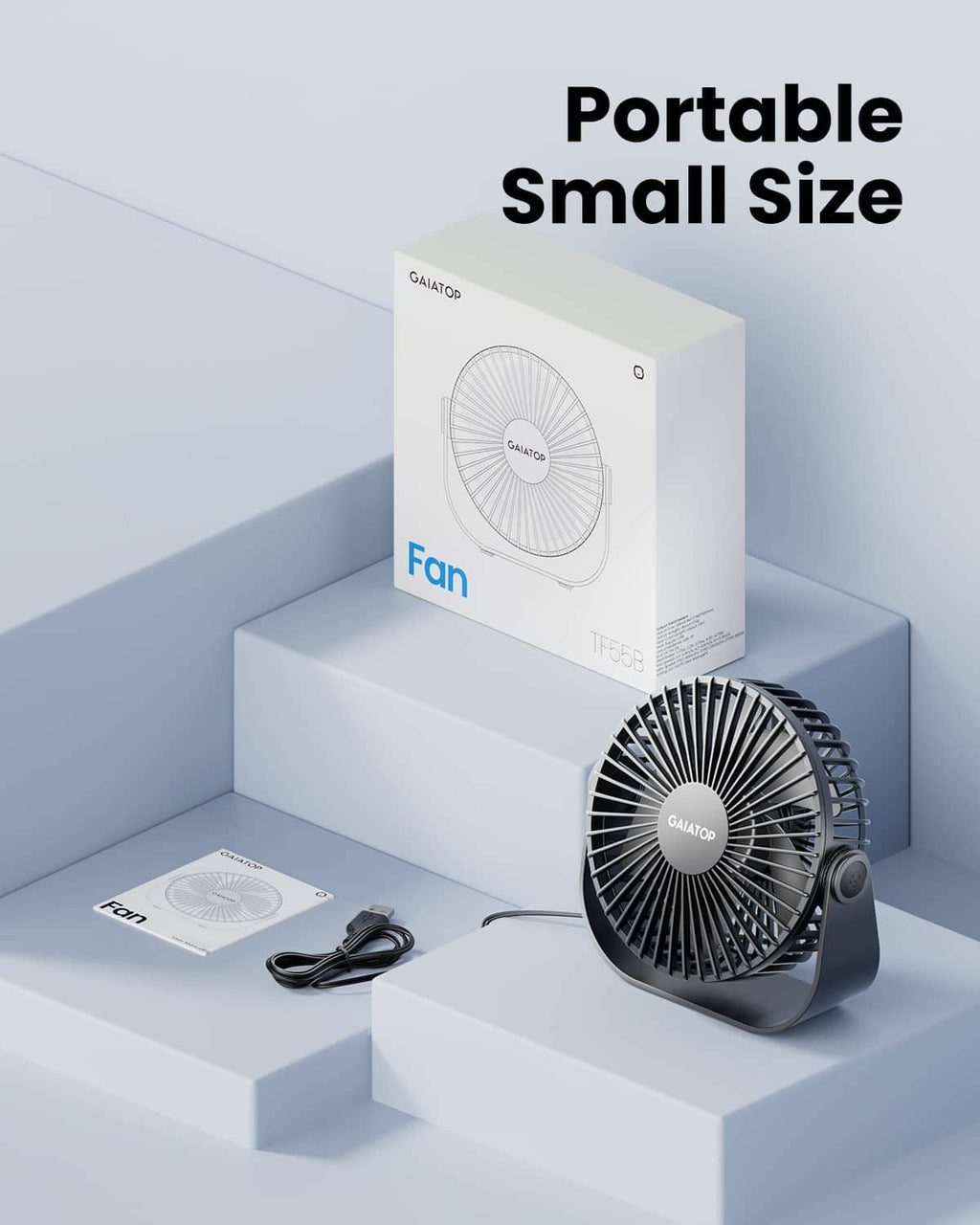 Black portable USB fan in box packaging, compact round grille