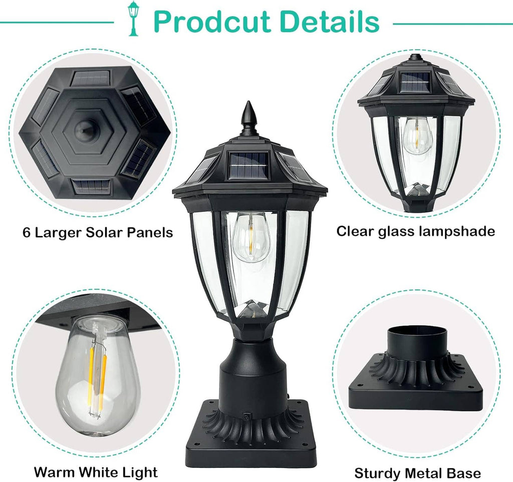 Solar post lamp with clear glass lantern shade, warm bulb, and sturdy metal base