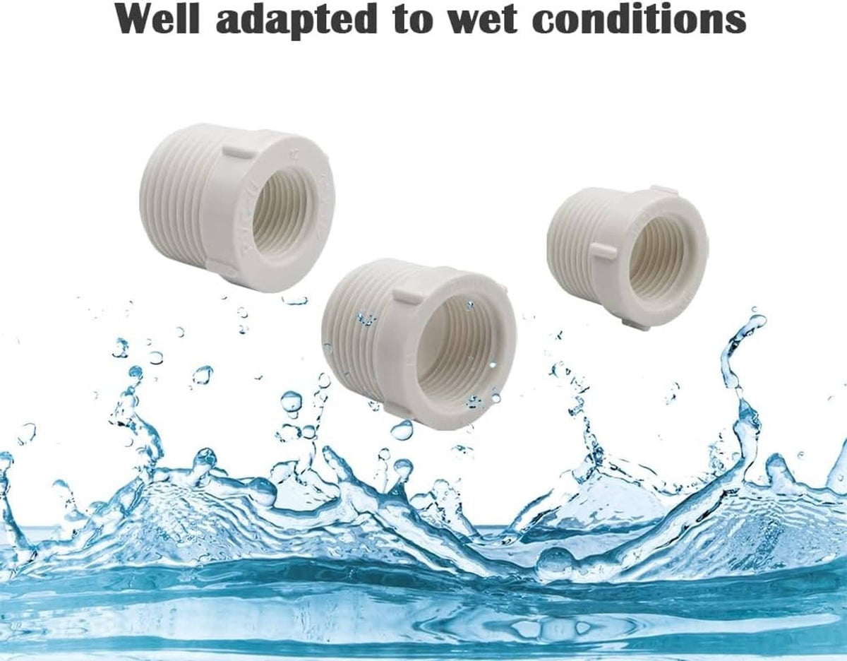 White PVC threaded coupling fitting, shown as water-ready pipe connector
