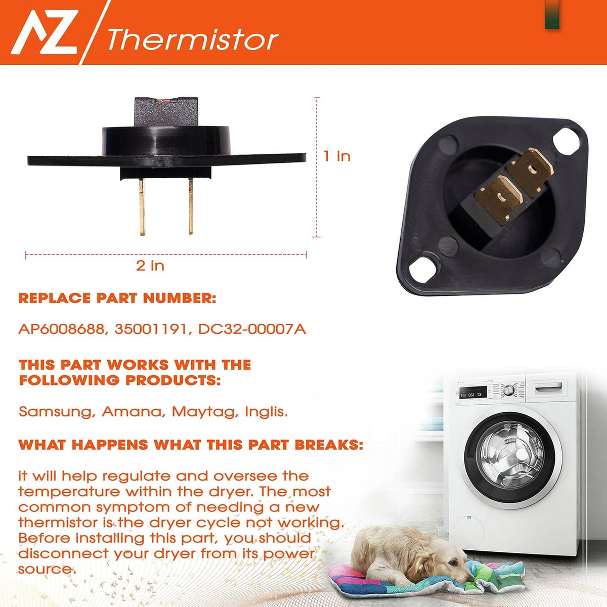 Dryer thermistor with black housing, two prongs, and temperature label
