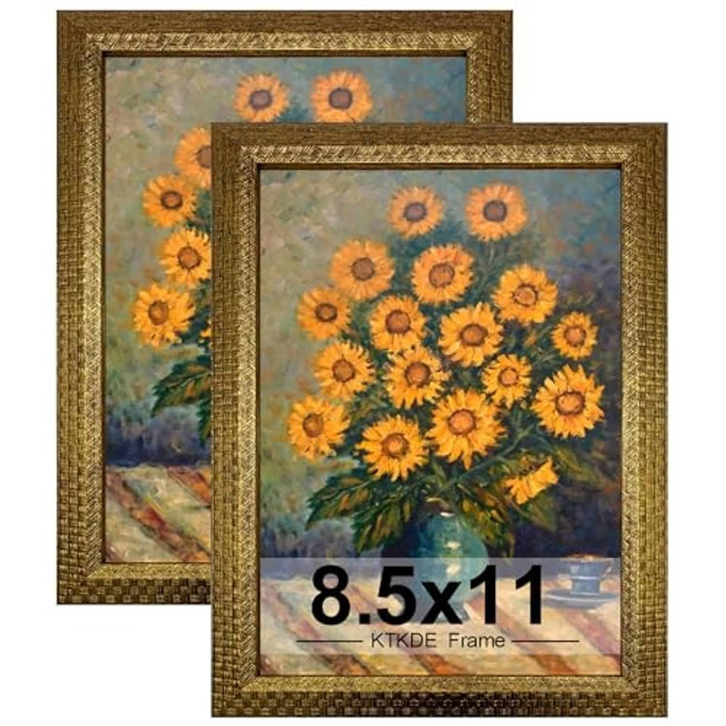 Two ornate gold 8.5x11 photo frames with decorative border