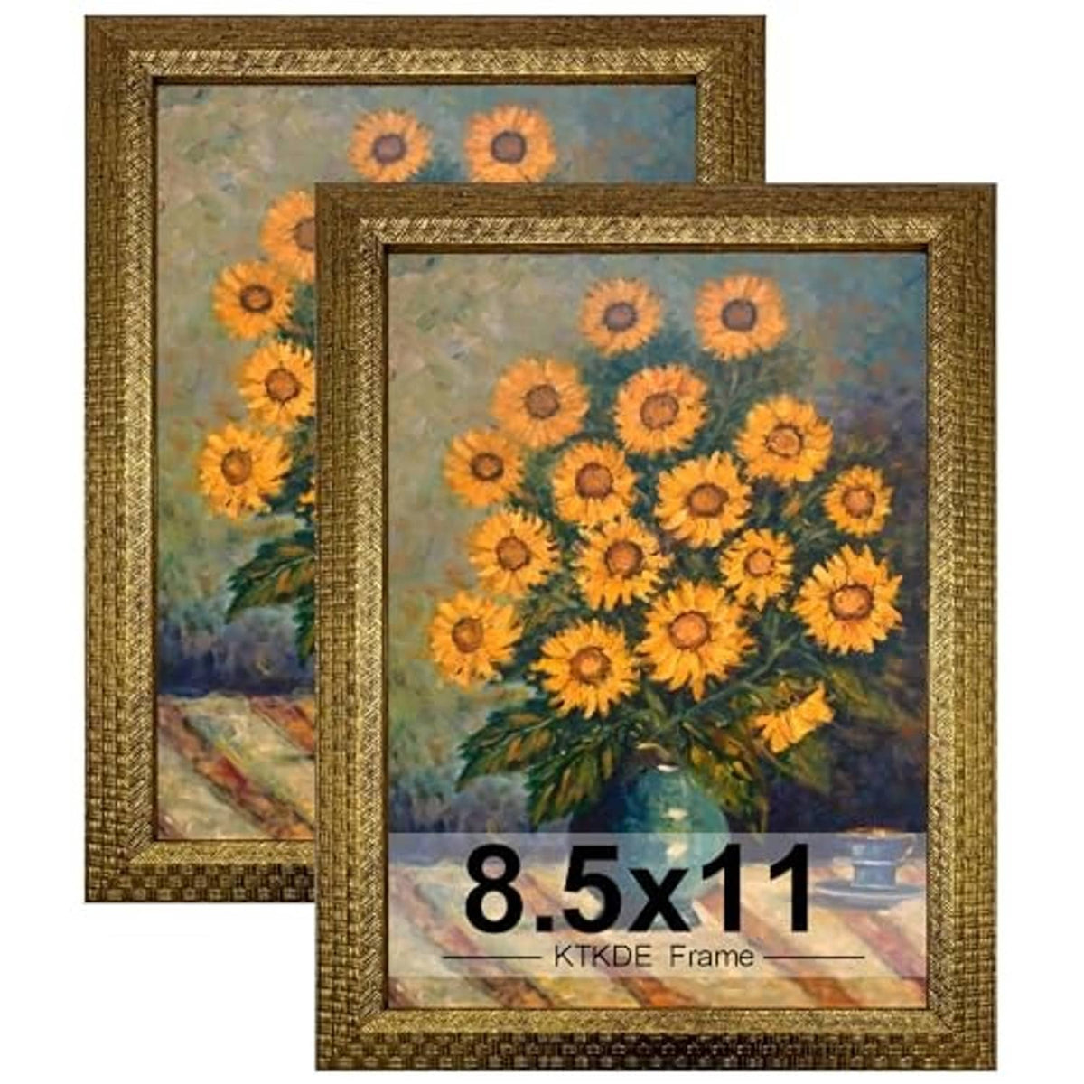 Two ornate gold 8.5x11 photo frames with decorative border