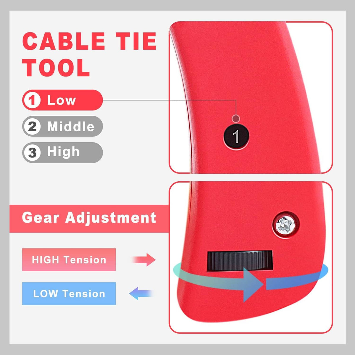 Cable tie gun side view with adjustable tension area on red housing