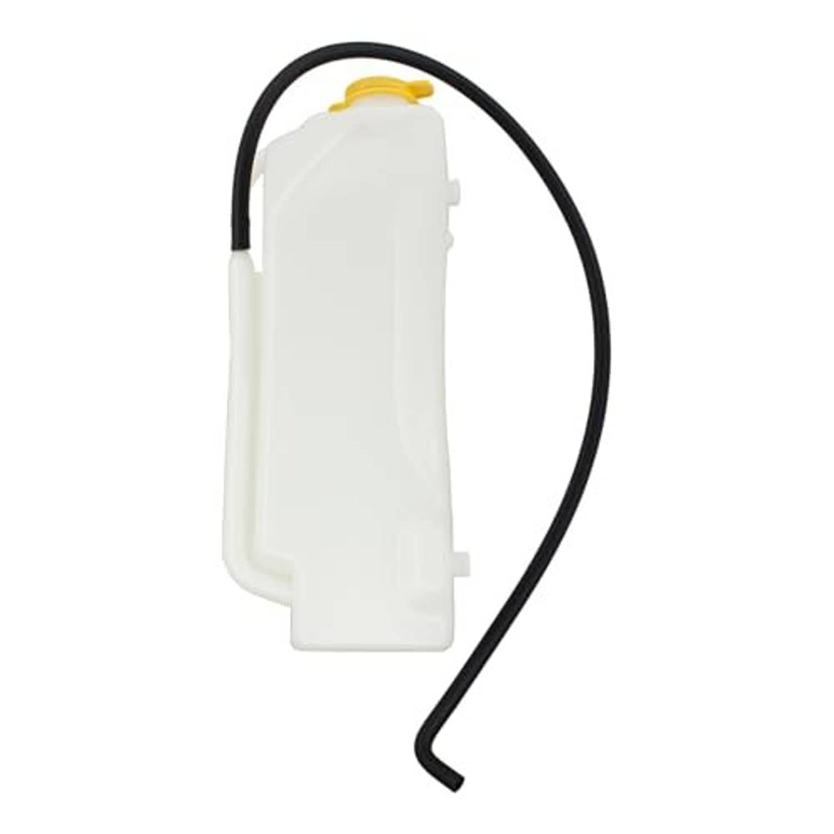 White coolant reservoir tank with black hose loop, end view and yellow cap
