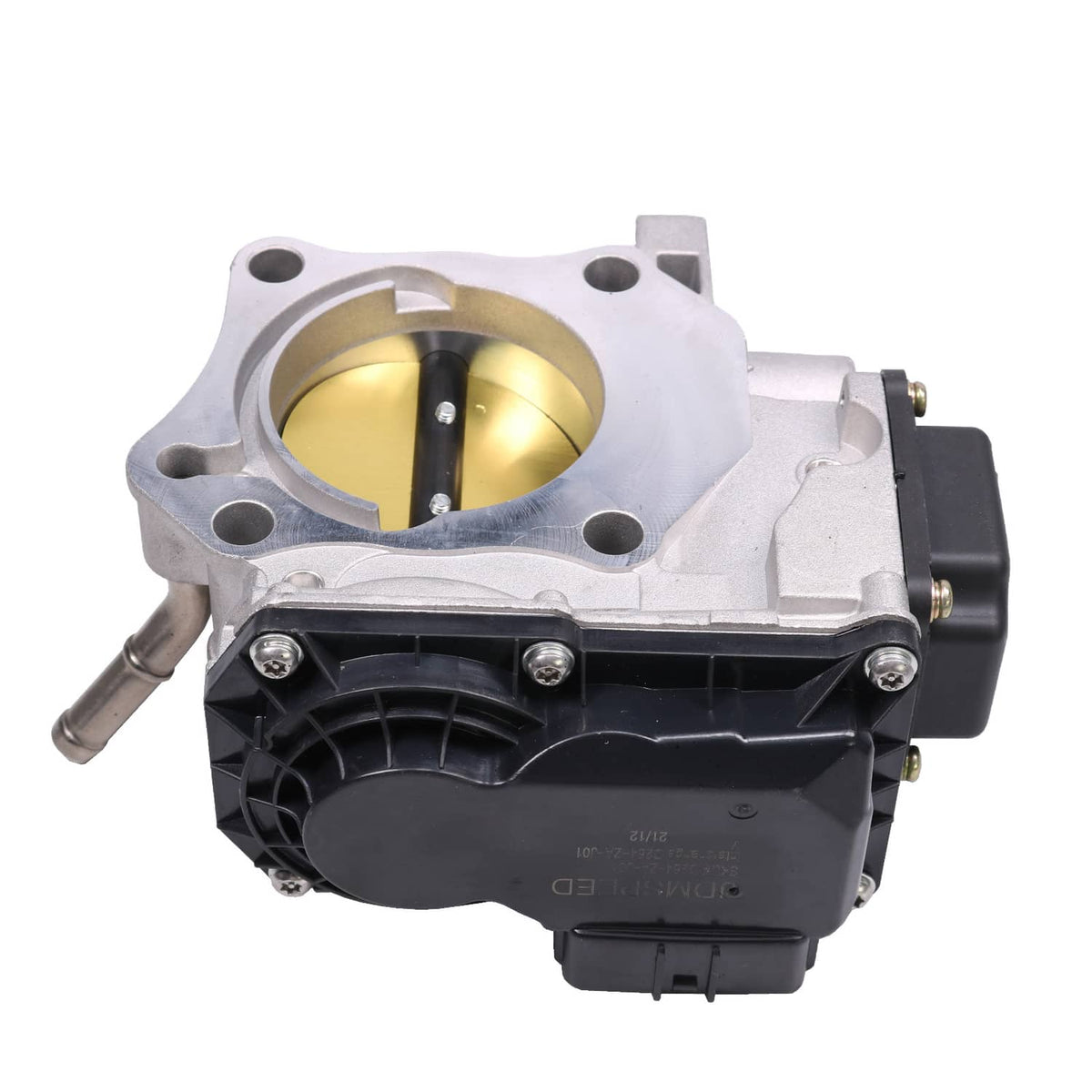 Electronic throttle body rear view with silver housing, gold bore, and black mounting section