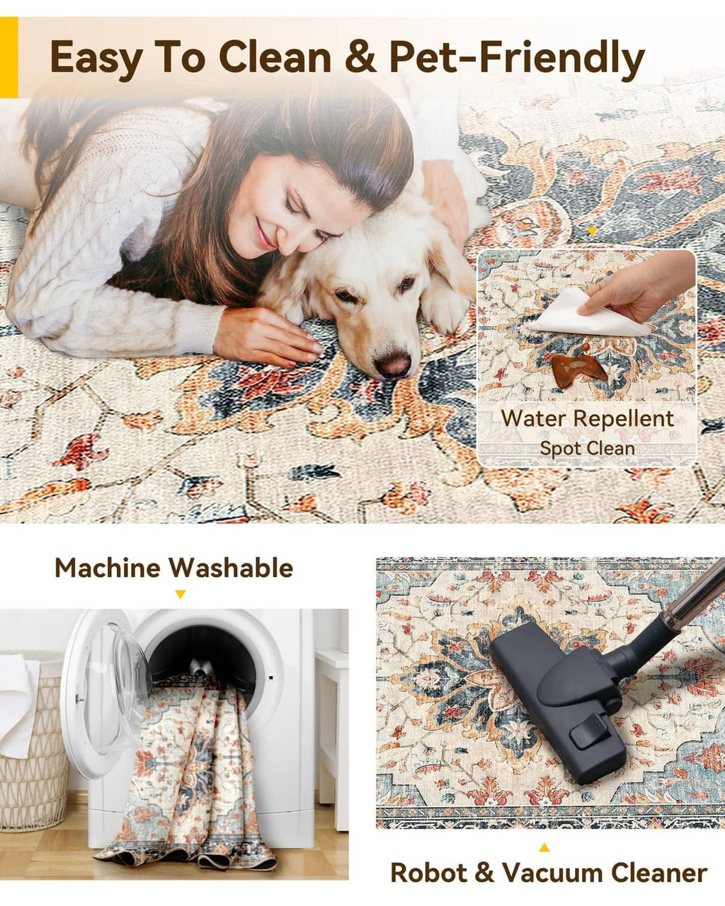 Beige, blue, and orange ornate runner rug with low pile shown under pet use.