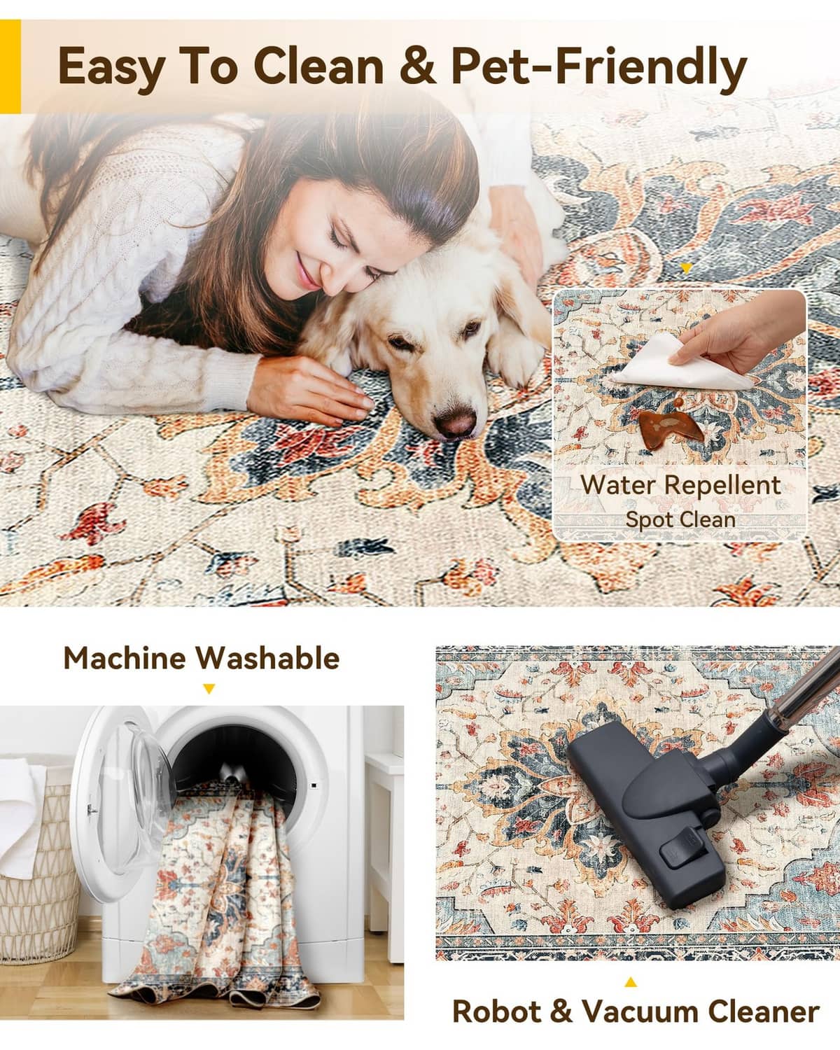 Beige, blue, and orange ornate runner rug with low pile shown under pet use.