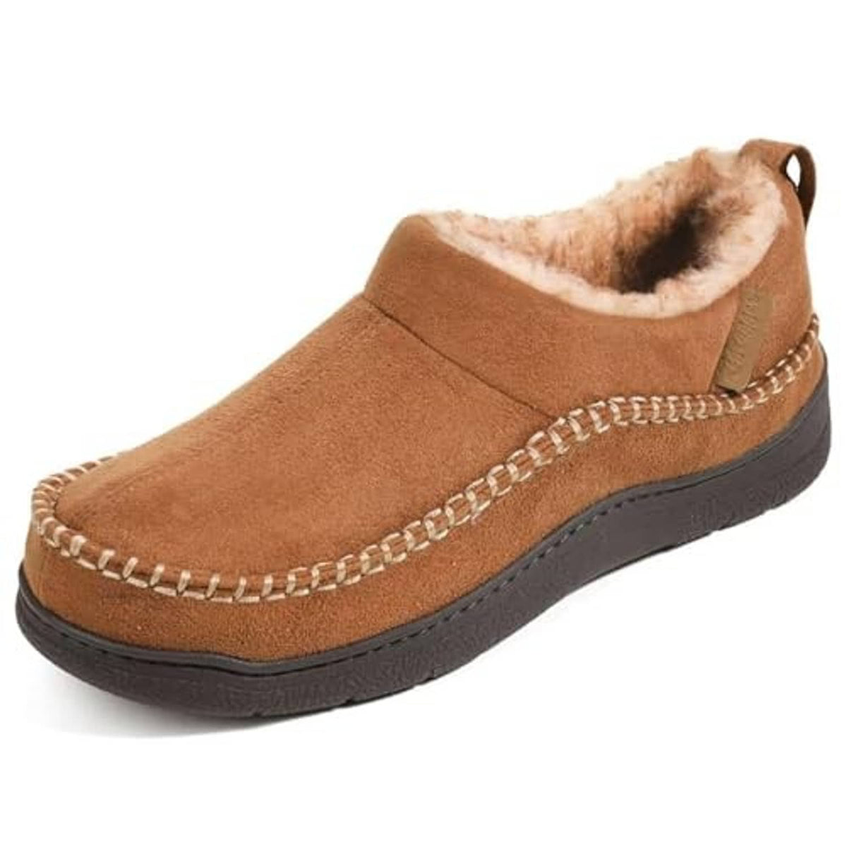 Tan ankle moccasin slippers with fuzzy shearling-style lining, stitched trim, dark rubber sole.