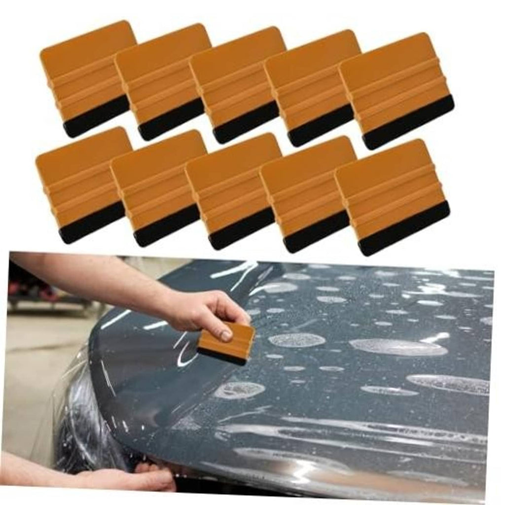 Set of 10 vinyl squeegees, orange handles with black felt edge for tint and decals