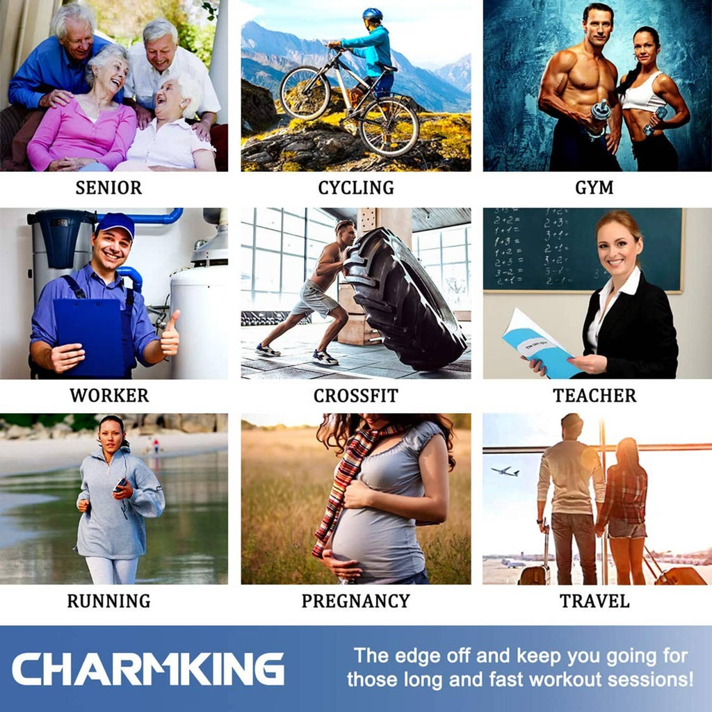 Compression socks use-case collage for seniors, cycling, gym, running, and more