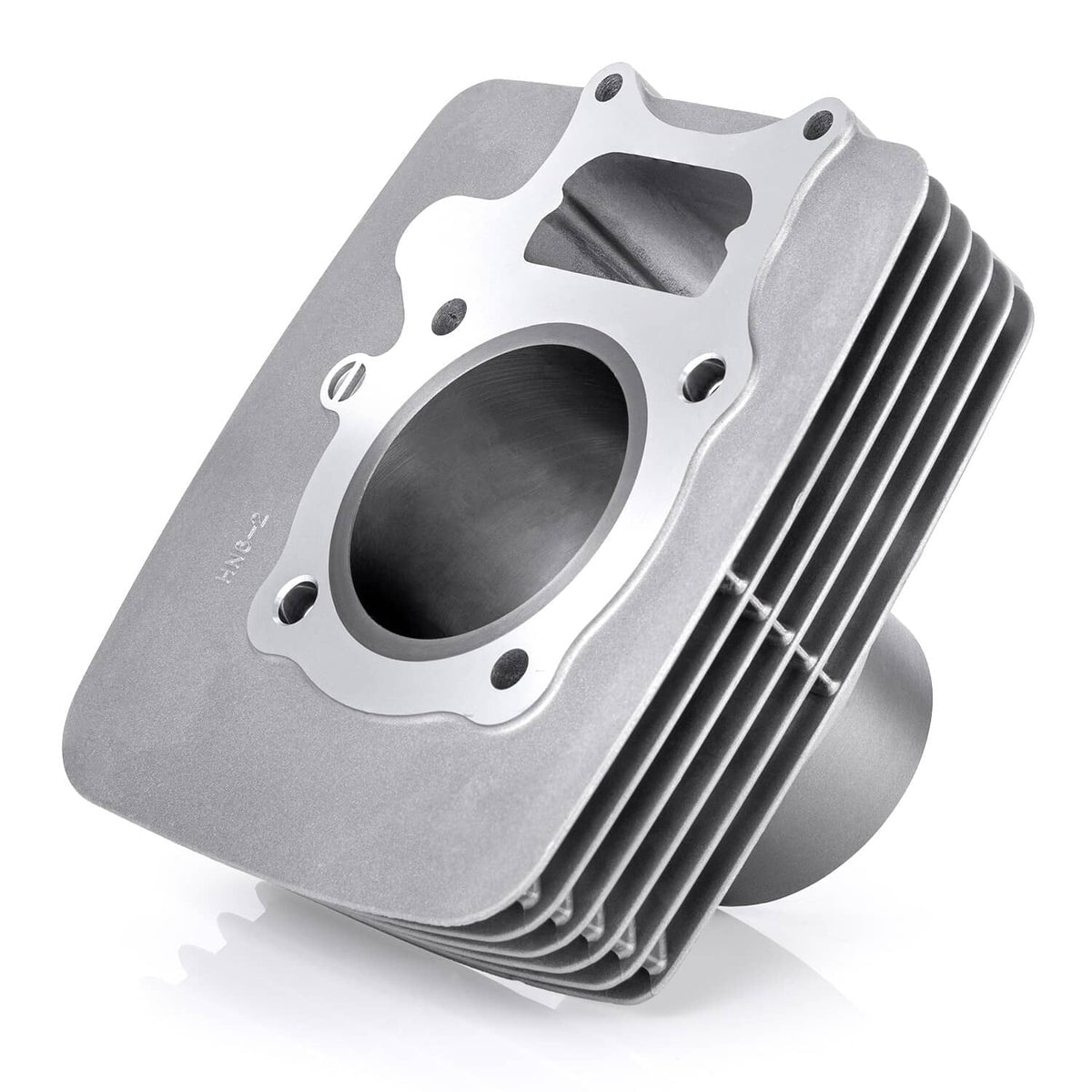 Aluminum cylinder block with cooling fins and large piston bore, silver-gray