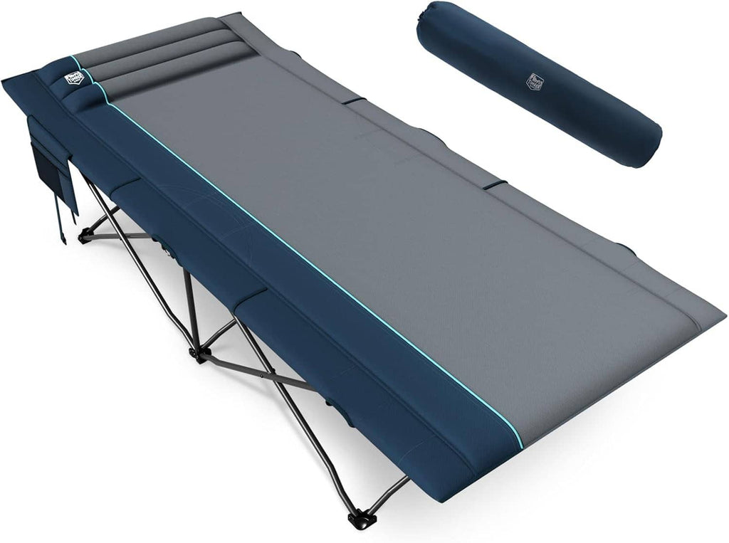 Extra-wide camping cot with gray sleeping surface and navy side rails, carry bag included.