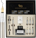 Calligraphy pen gift set open in box with pens, converter, cartridges, and ink bottle