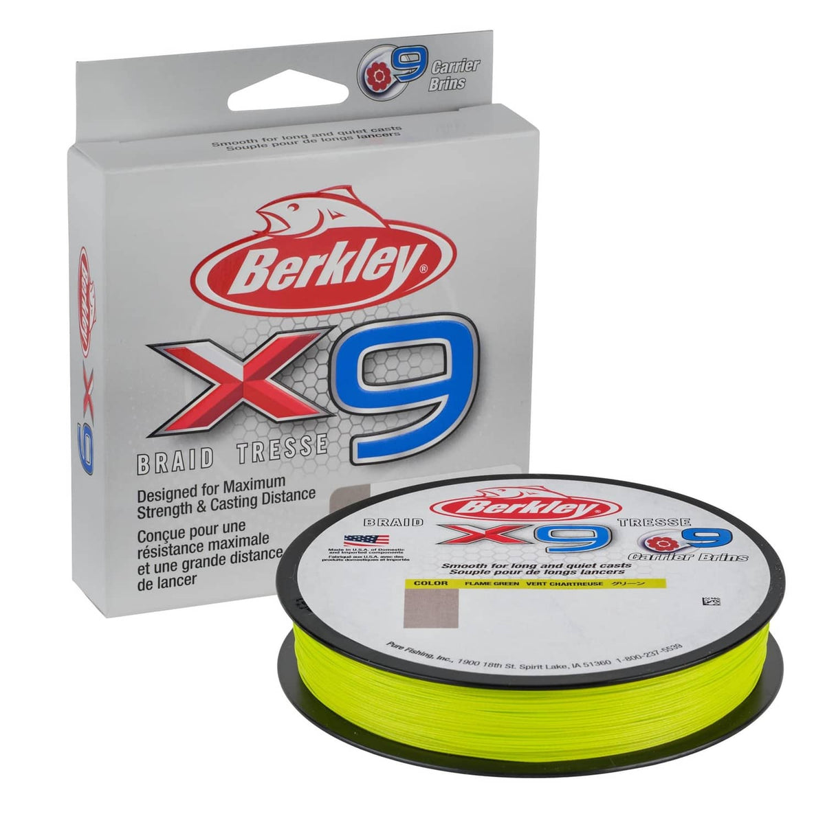 Berkley X9 braided fishing line spool, flame green, smooth casting, 164 yd