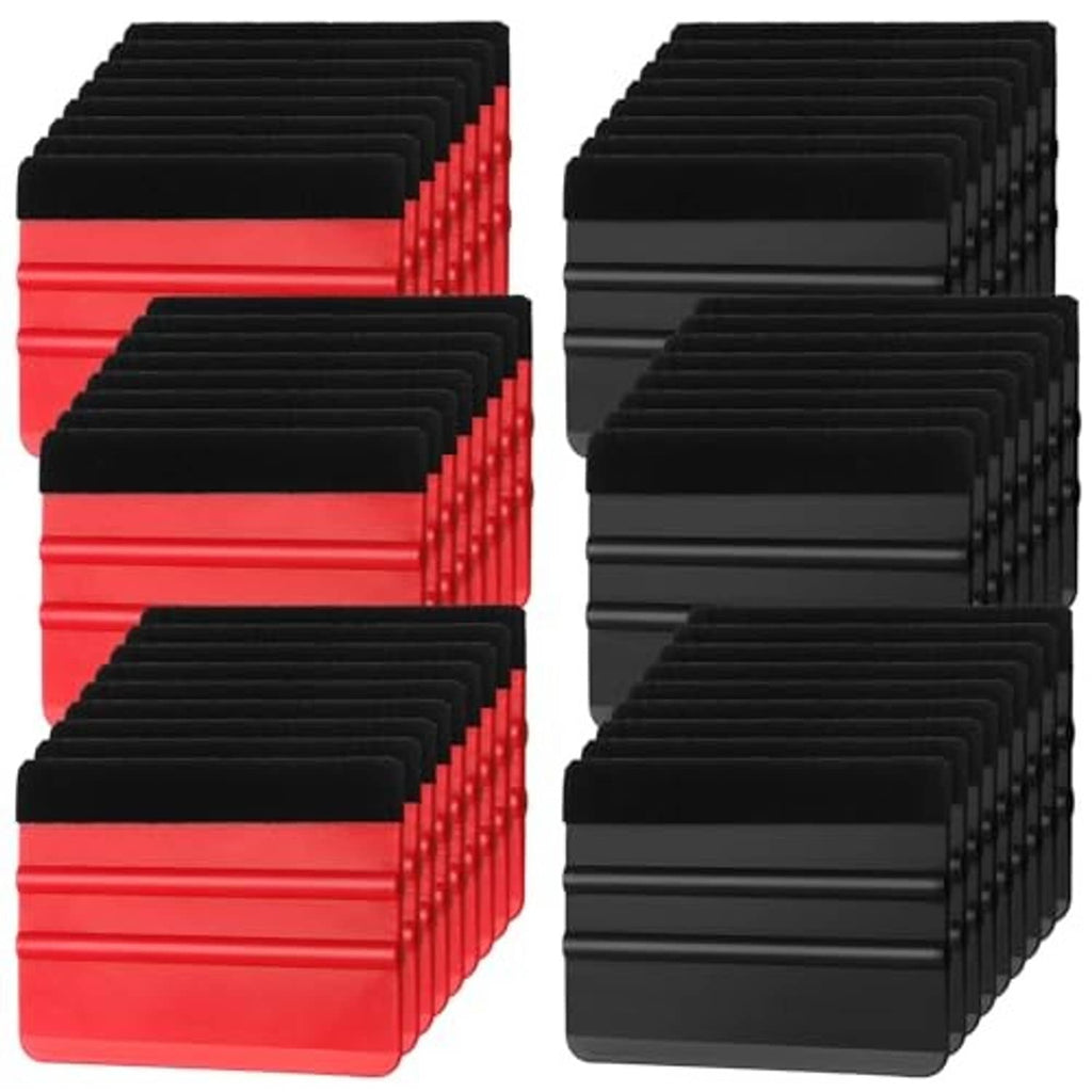 Stacked red and black plastic squeegees with black felt edge, 4-inch width