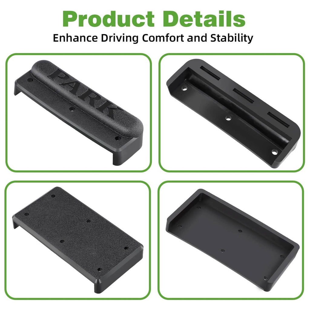 Black brake pedal pad kit with textured surface shown from multiple angles