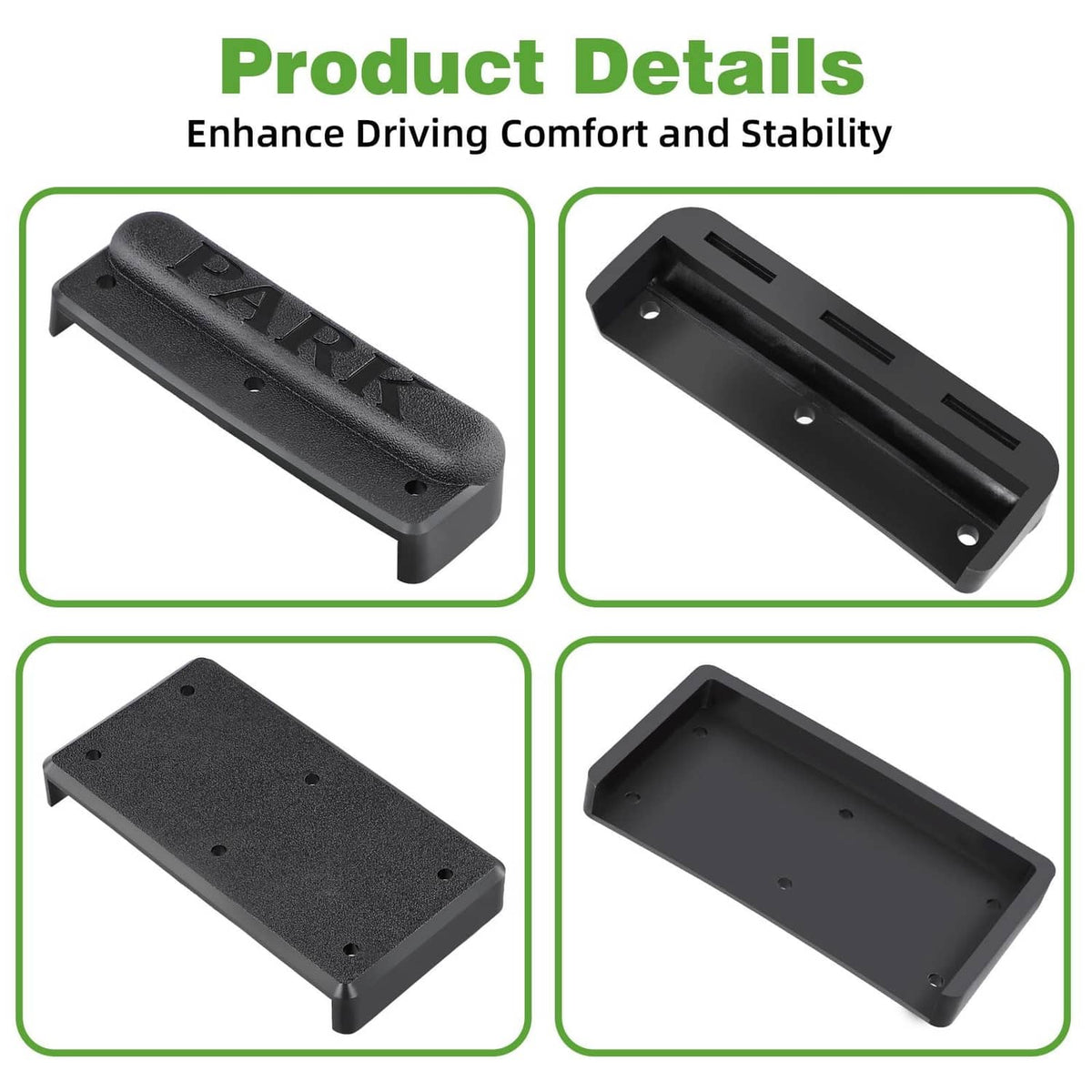 Black brake pedal pad kit with textured surface shown from multiple angles