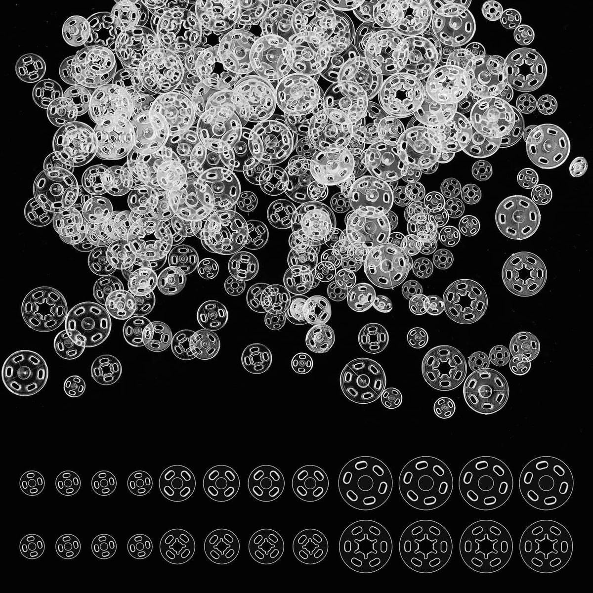 Clear plastic sew-on snap fasteners, small round discs