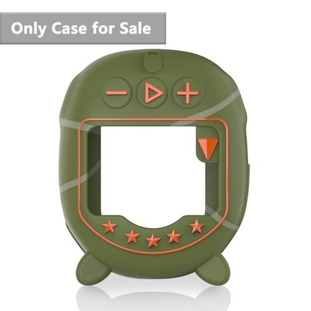 Olive silicone speaker case with clear display window and orange-edged border