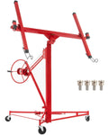 Red drywall panel hoist jack with crank wheel, overhead arms, and caster wheels