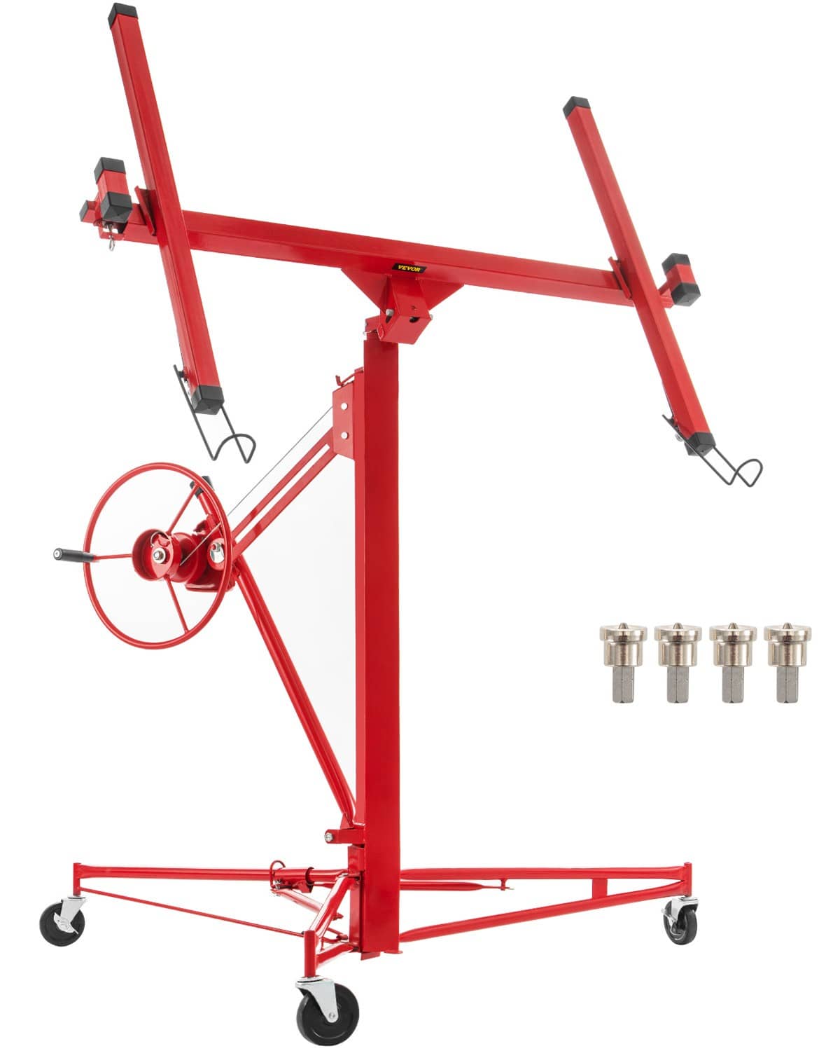 Red drywall panel hoist jack with crank wheel, overhead arms, and caster wheels
