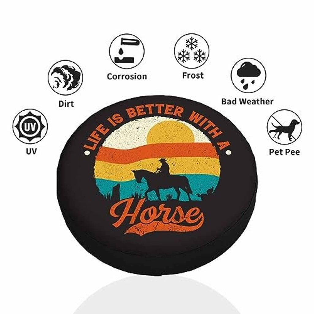 Black round horse spare tire cover with UV and weather protection icons around it
