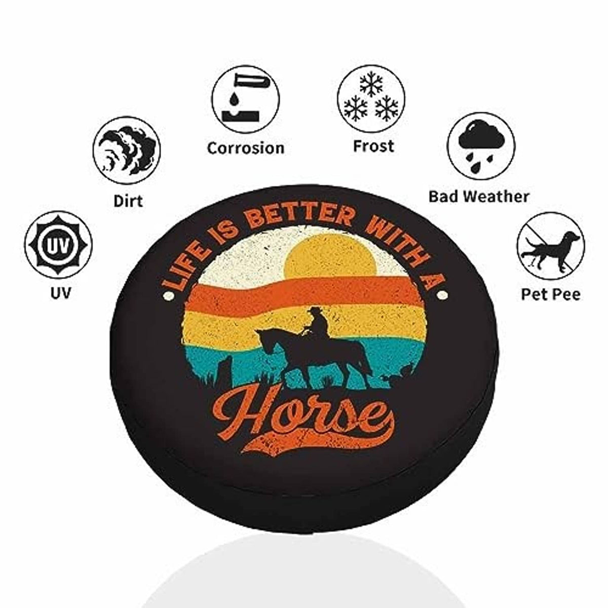 Black round horse spare tire cover with UV and weather protection icons around it