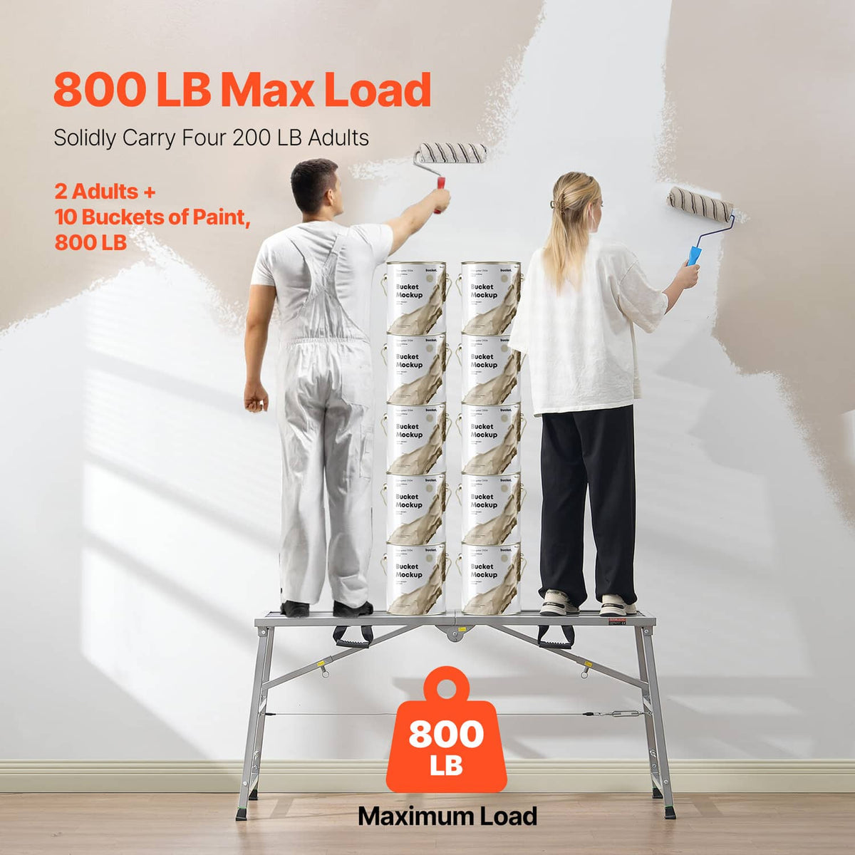 Portable scaffolding platform with four legs and ribbed deck for heavy-duty work
