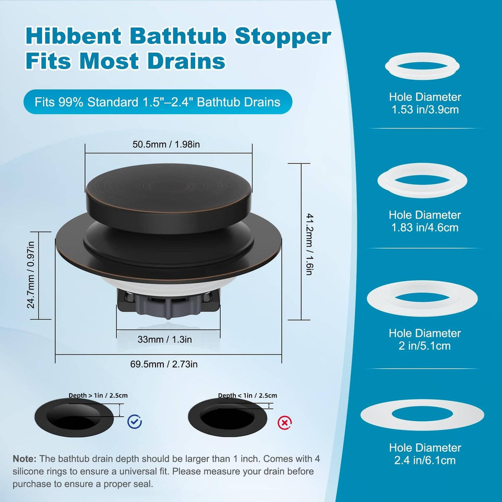 Black metal bathtub drain stopper with circular cap and snap-fit mounting base
