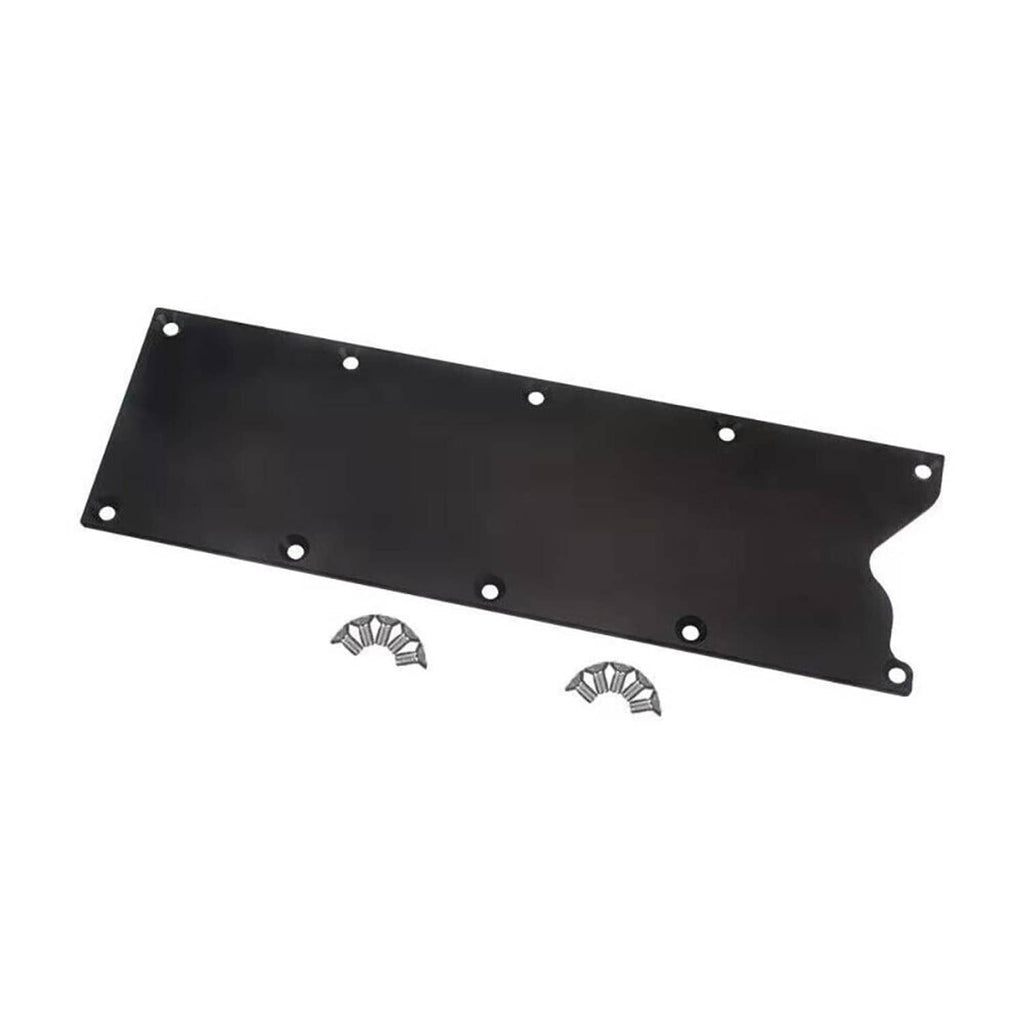 Black billet valley pan cover plate with bolt holes and chrome fastener inserts