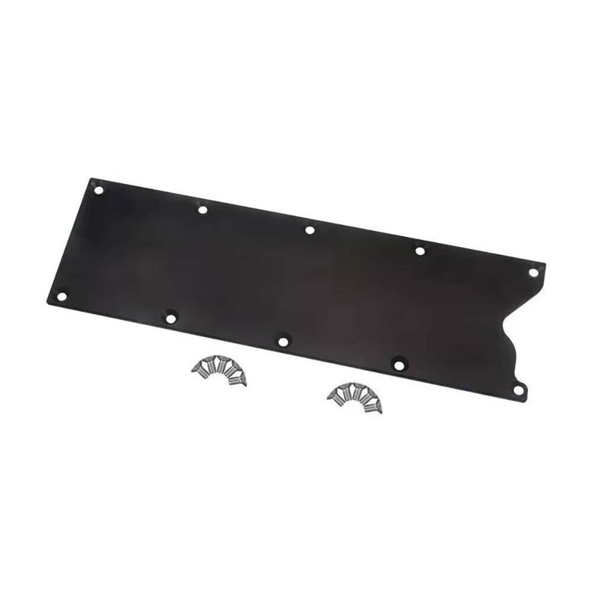Black billet valley pan cover plate with bolt holes and chrome fastener inserts