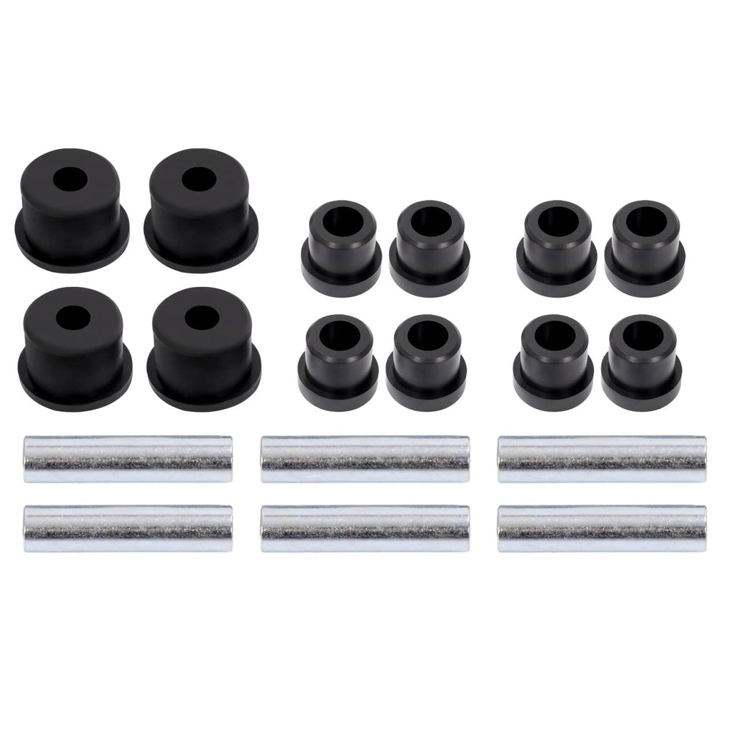 Leaf spring bushing kit with black rubber bushings and silver metal guide sleeves