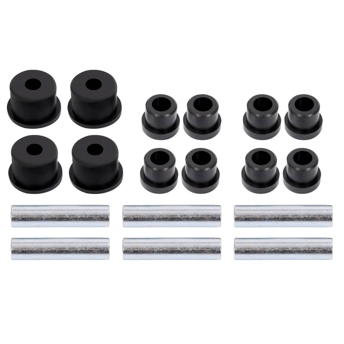 Leaf spring bushing kit with black rubber bushings and silver metal guide sleeves