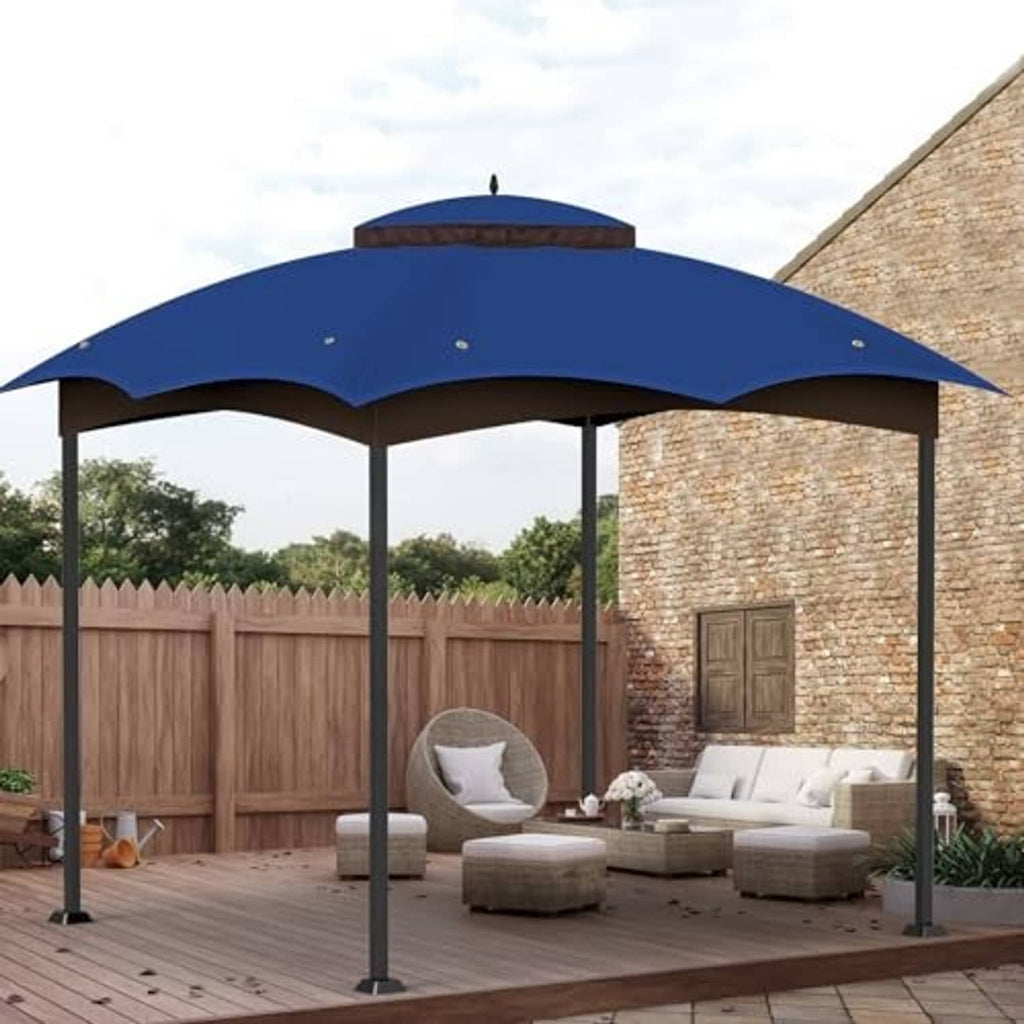 Blue gazebo canopy top cover with brown valance and peaked roof over four posts