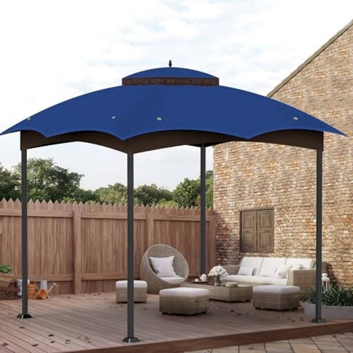 Blue gazebo canopy top cover with brown valance and peaked roof over four posts