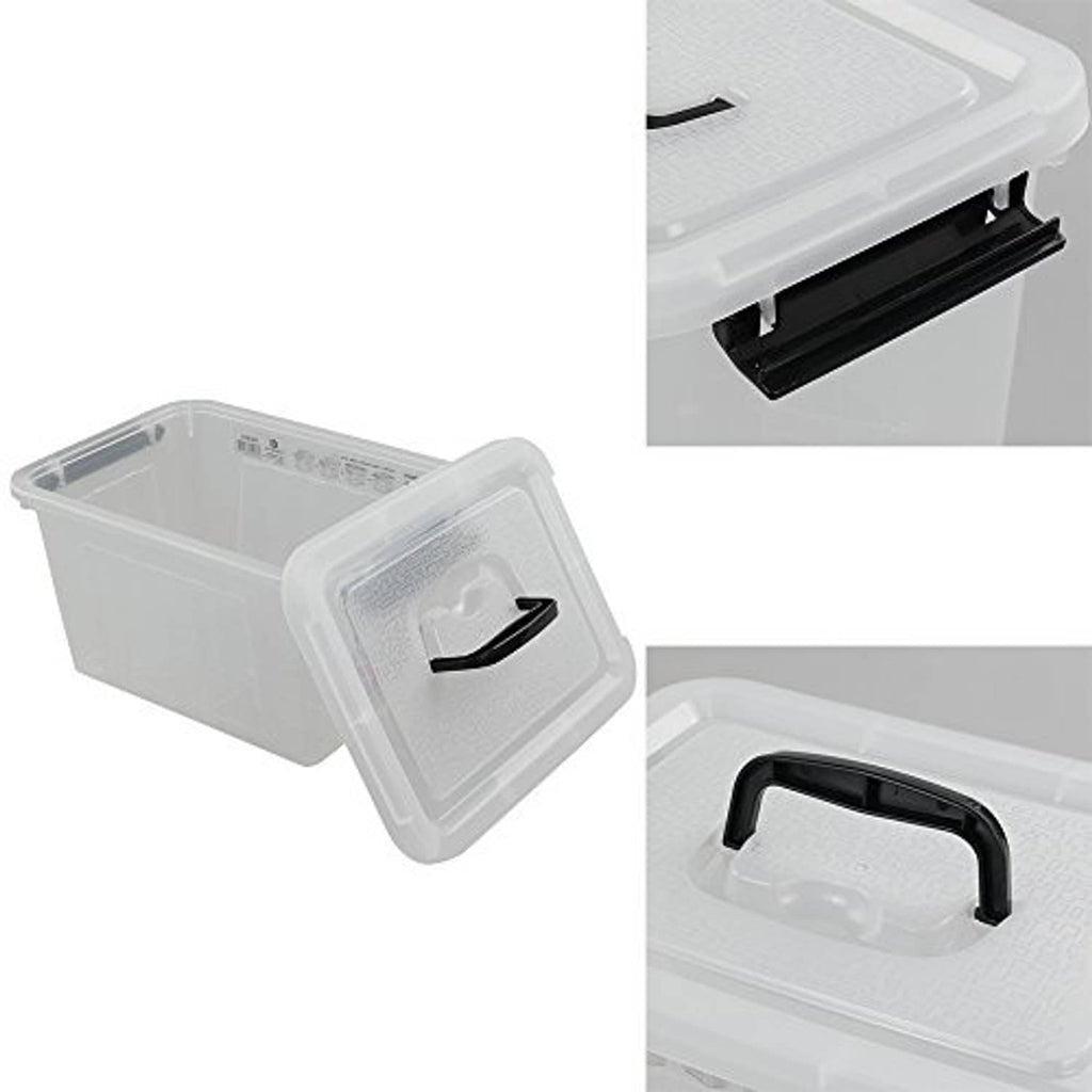 Clear 6-quart storage box with black latch and handle, close-up of lid and latch