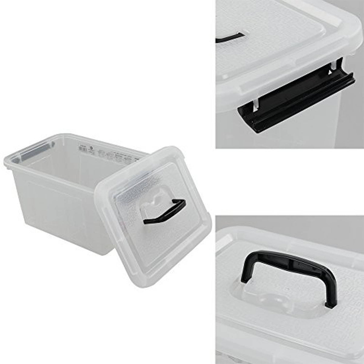 Clear 6-quart storage box with black latch and handle, close-up of lid and latch