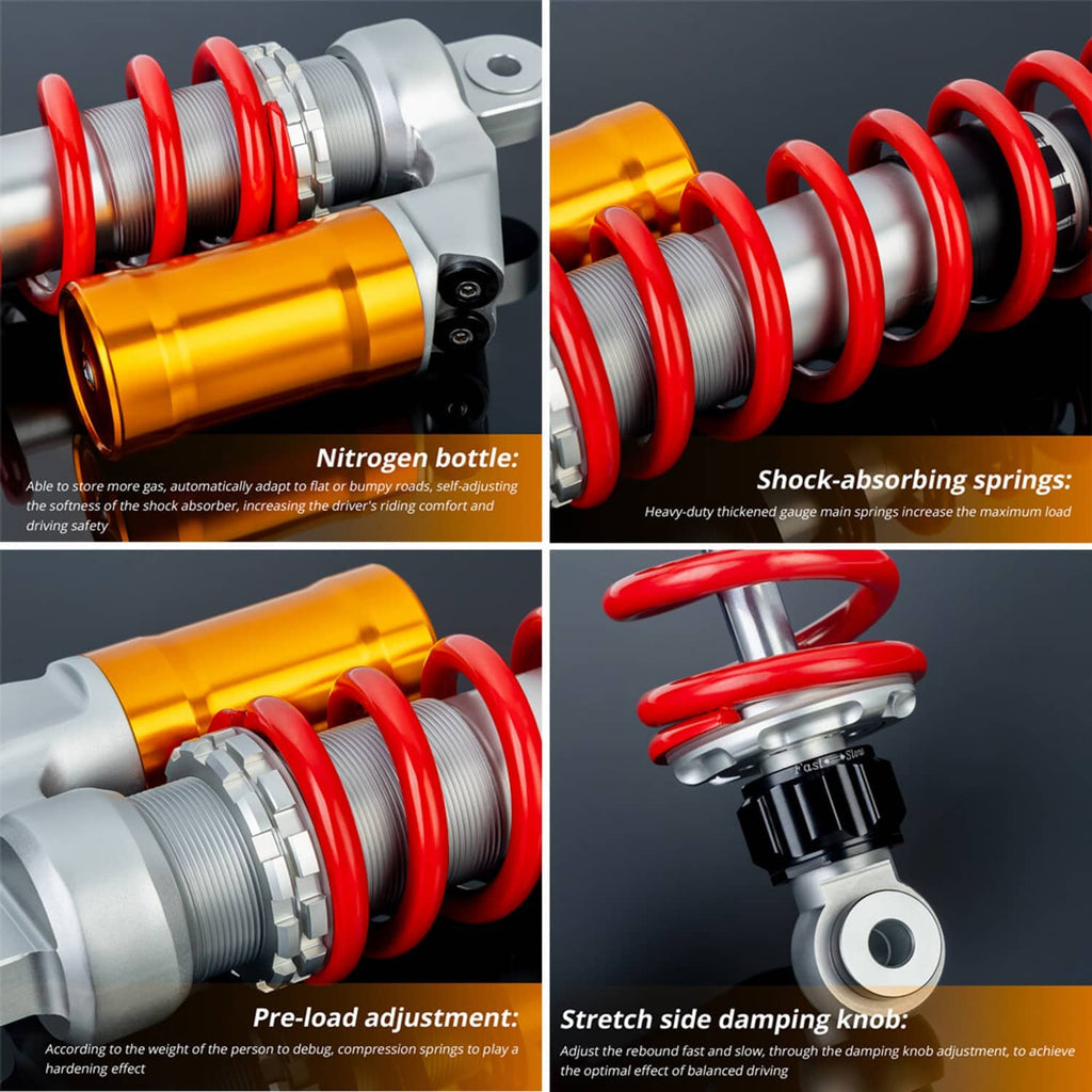 Close-up front shock absorber with orange-gold reservoir, red coil spring, adjustment knob