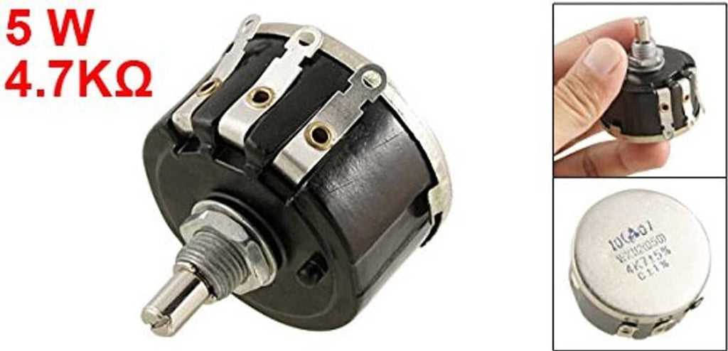 Wirewound potentiometer showing front, rear label, and mounting terminals; black housing