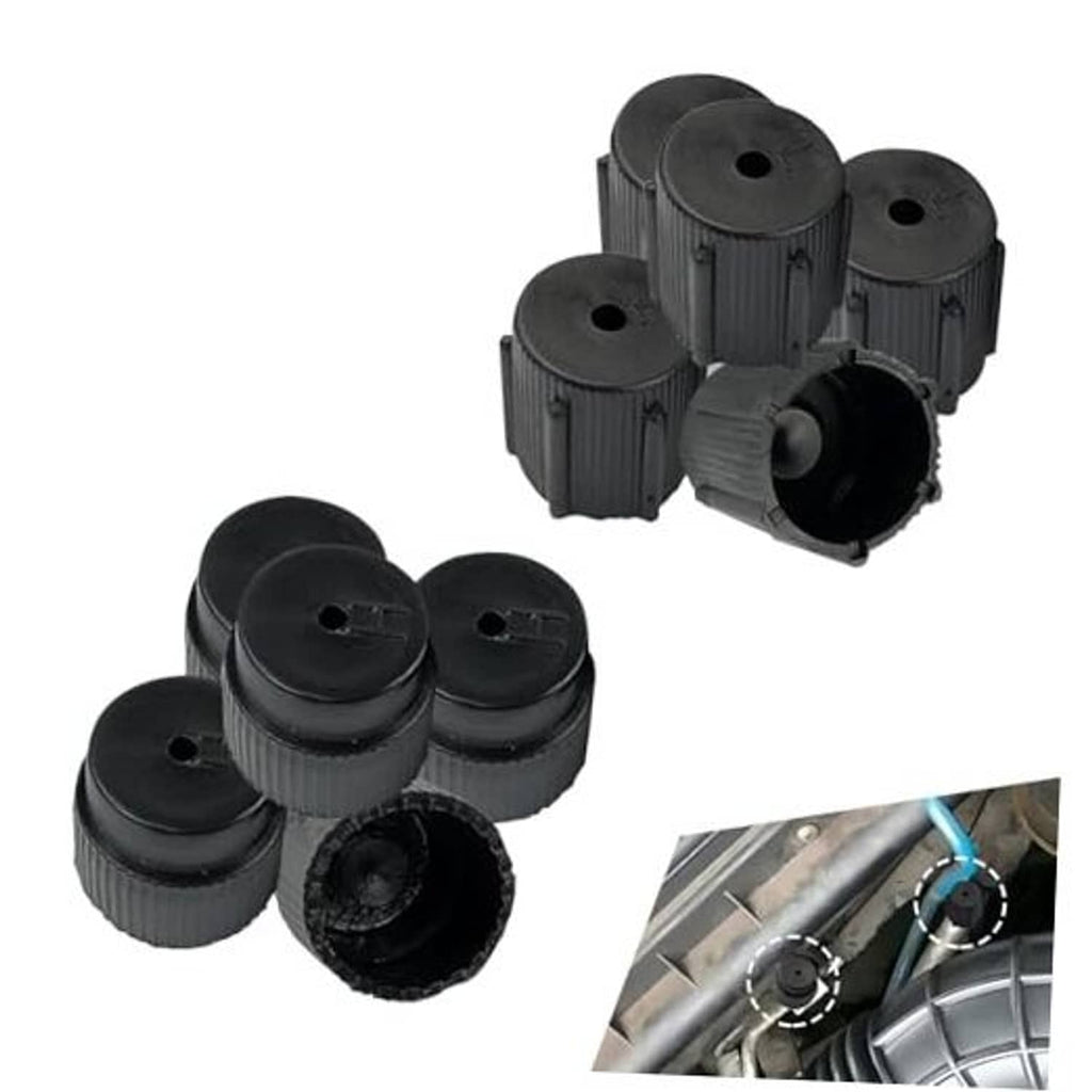 Set of black plastic A/C valve caps with center holes for high and low pressure lines