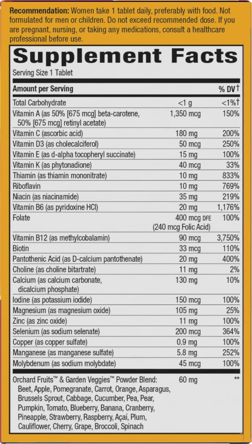 Supplement Facts table listing vitamins and minerals per serving for ultra multivitamin