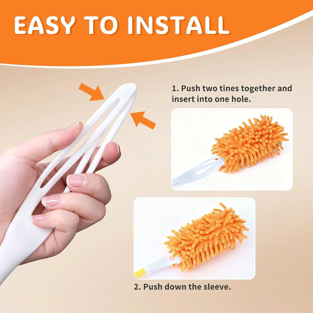 Orange microfiber duster refill sleeves for easy installation with yellow handle piece.
