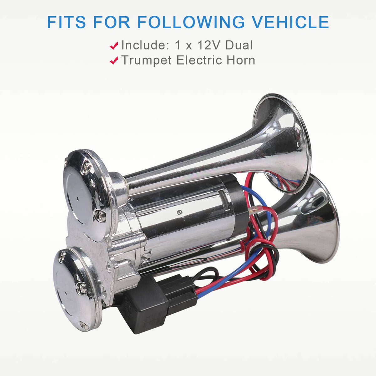 Chrome dual trumpet air horn with front-facing trumpet bells and connected wiring