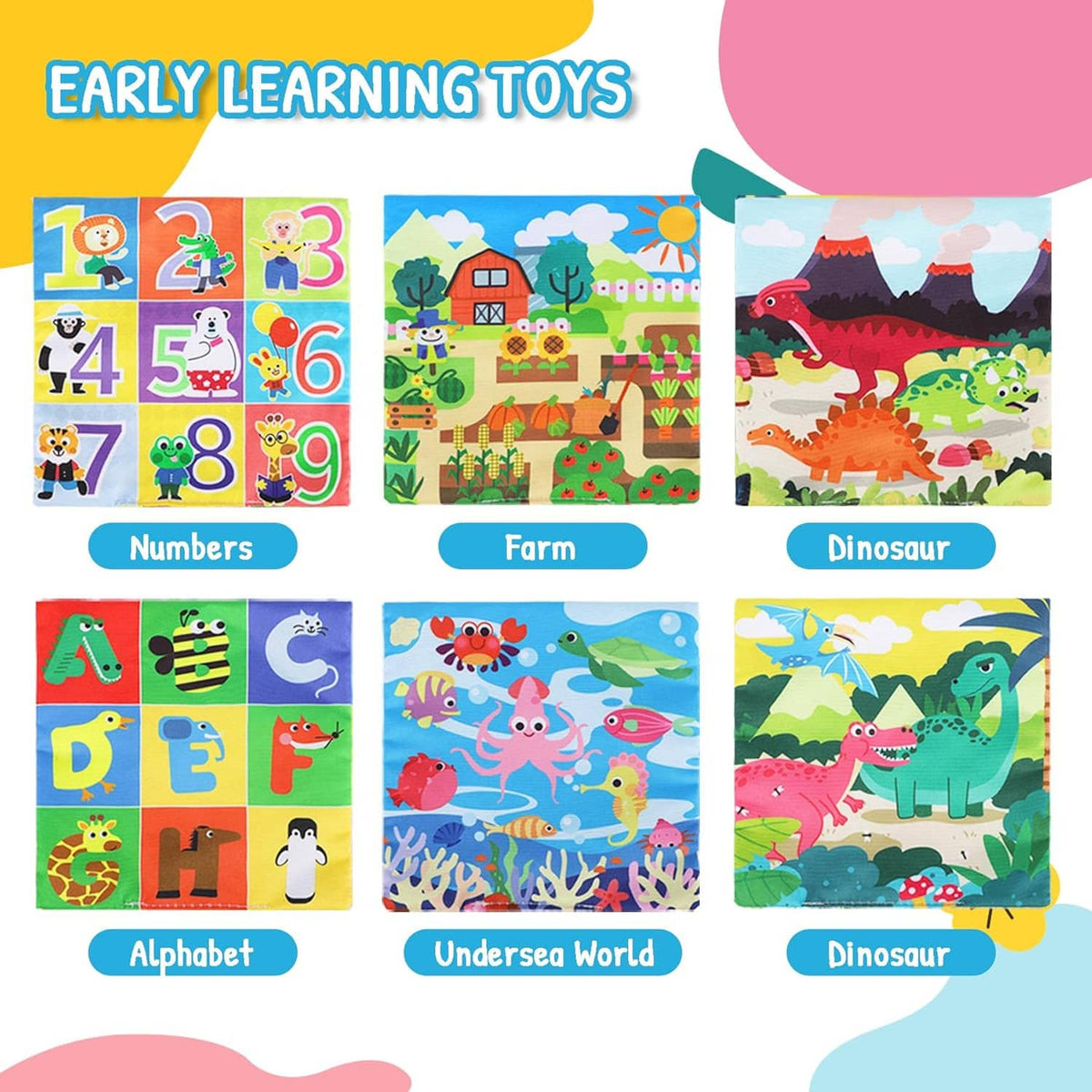 Colorful crinkle tissue box toy with learning picture cards featuring farm and sea scenes