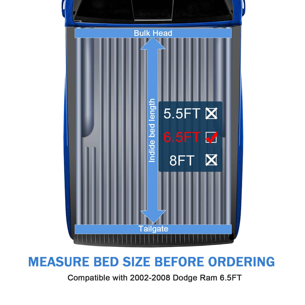 Hard tri-fold tonneau cover bed-size fit diagram showing 6.5 ft tailgate area