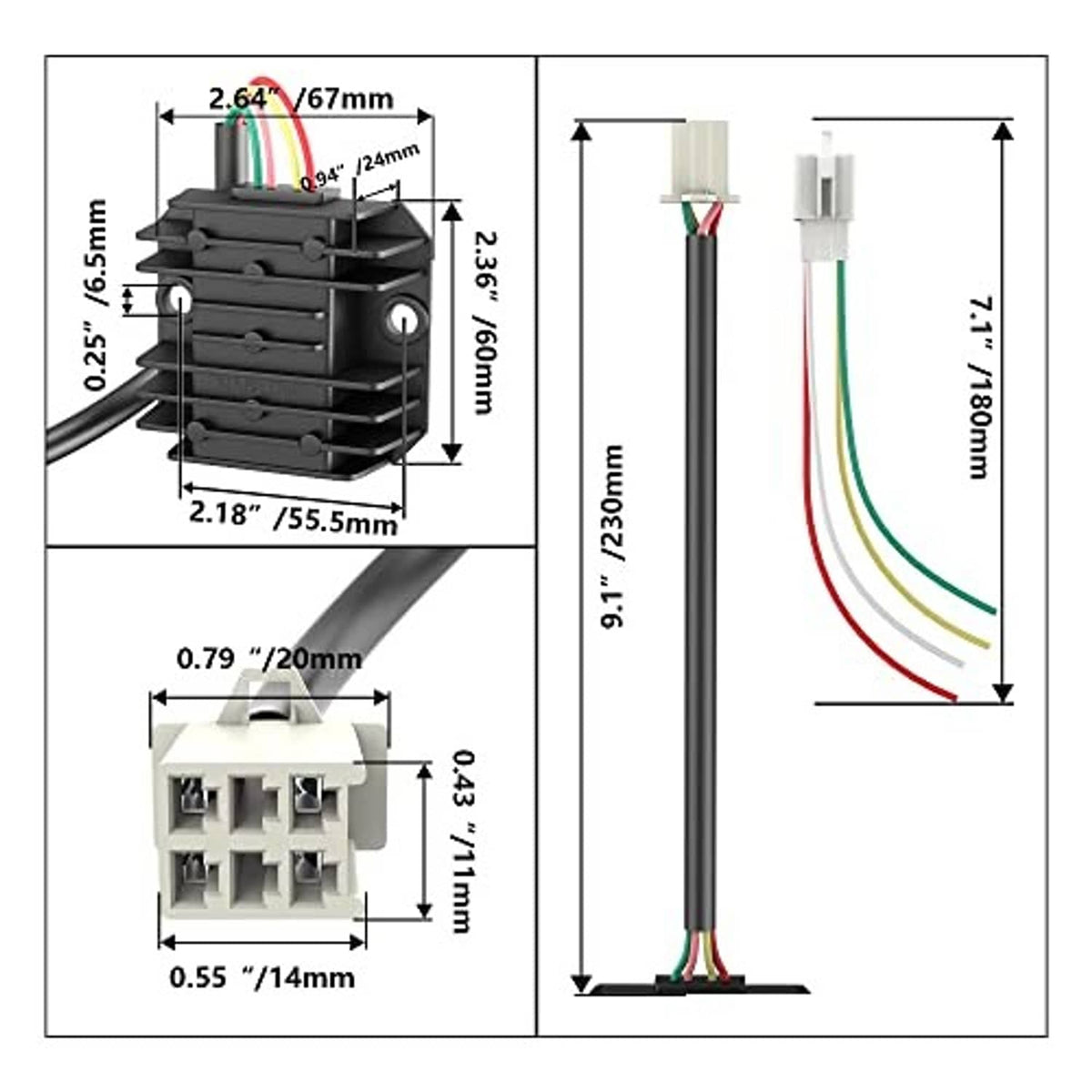 Regulator rectifier size diagram with mounting holes and 4-wire lead measurements
