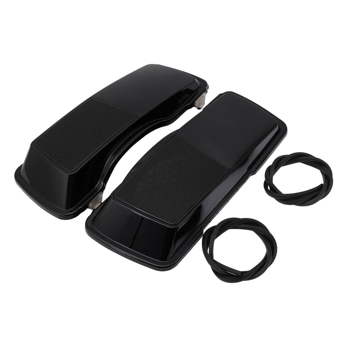 Black hard saddlebag speaker covers with textured speaker grilles and included cable loops