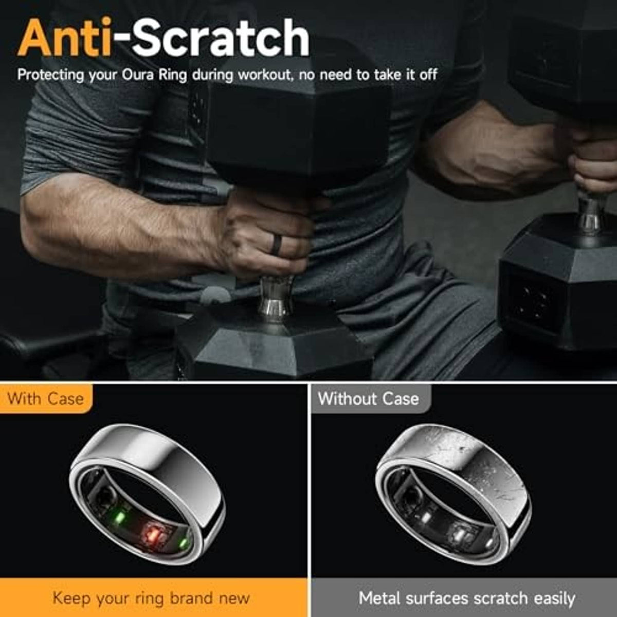 Anti-scratch Oura ring cover case shown with covered and uncovered ring views