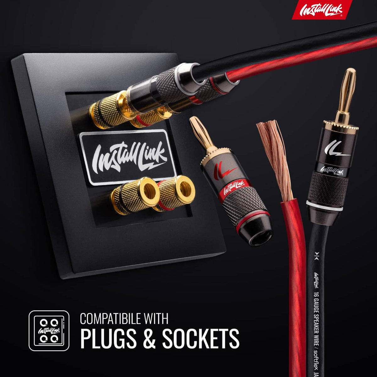 Red-and-black 14 AWG speaker cable with bare copper ends and connector pieces