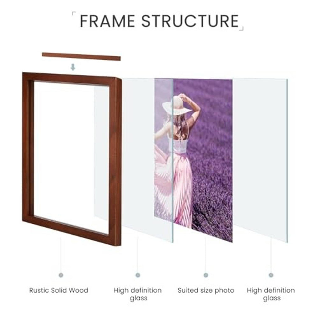 Walnut floating frame structure with solid wood border and glass panels